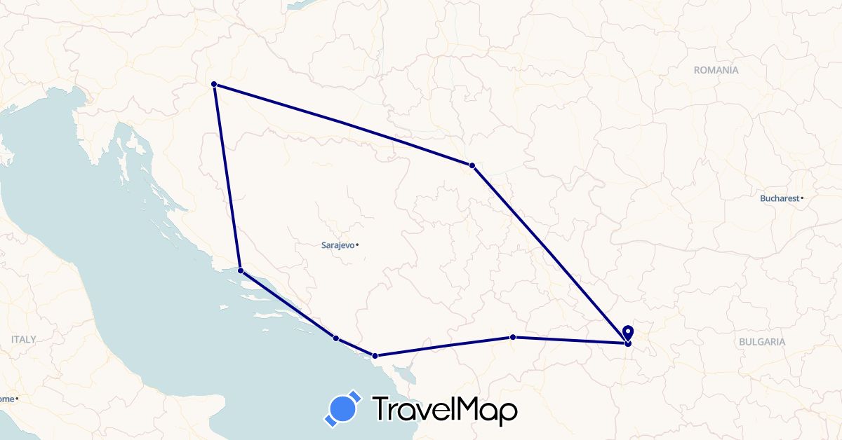 TravelMap itinerary: driving in Bulgaria, Croatia, Montenegro, Serbia, Kosovo (Europe)